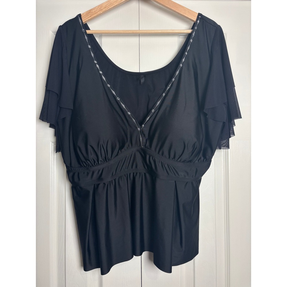 Curvagile Black Flutter Sleeve Tankini Swim Top V-Neck Padded Size 3